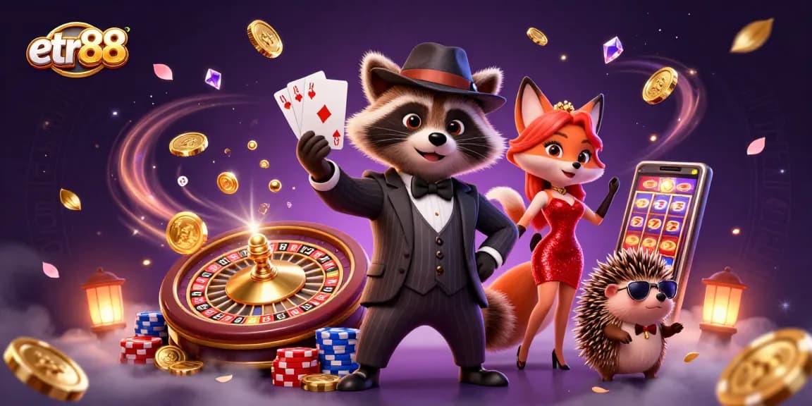 Experience fun at etr88 with a raccoon holding a royal flush in a vibrant casino scene.