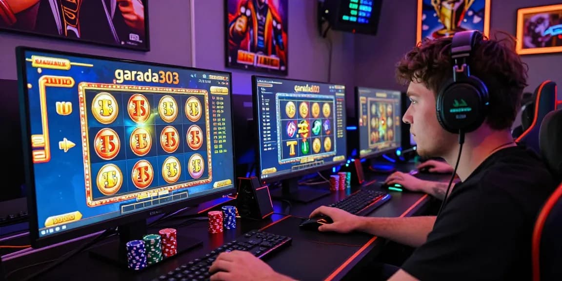 Player enjoying garuda303 slot games with vibrant graphics and an engaging environment in a gaming room.