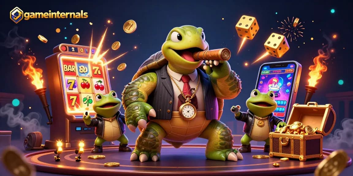 experience thrilling casino action with gameinternals' cartoon turtles and frogs amidst slot jackpots