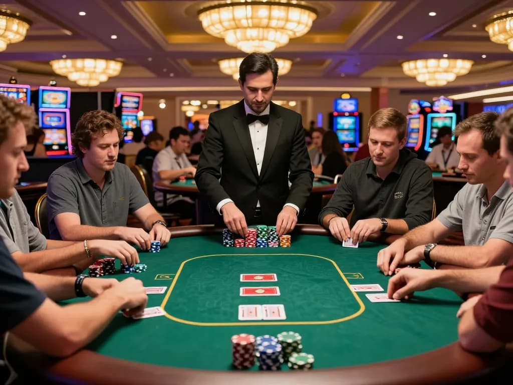 Engage in a thrilling poker game at an upscale casino, showcasing various players at https://s8inc.com/ betting strategies.