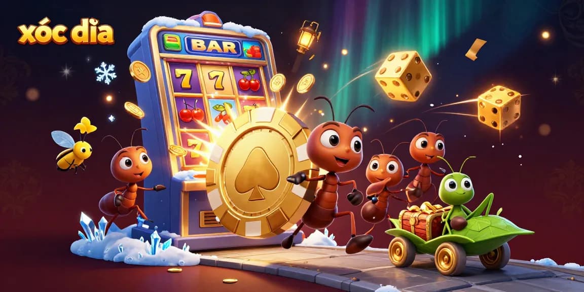 Experience xóc đĩa excitement in a heist-themed scene with 3D animated ants and slot machine elements.