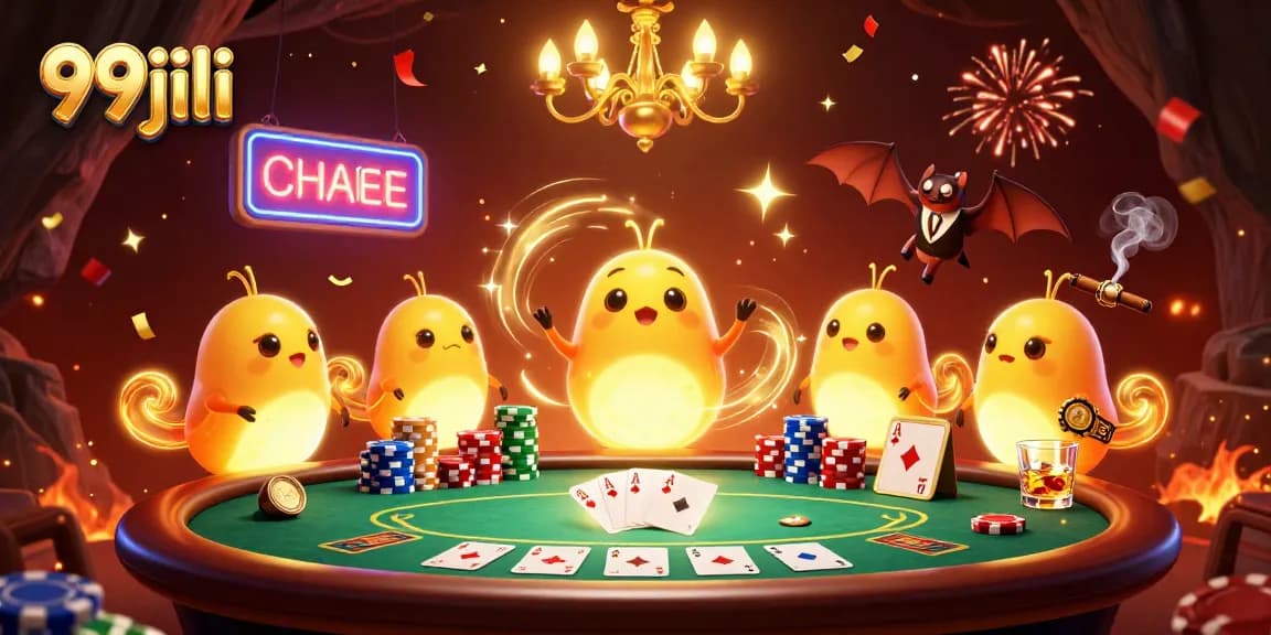 Engage in thrilling poker action at 99jili, illuminated by energetic glowworms in a casino cave.