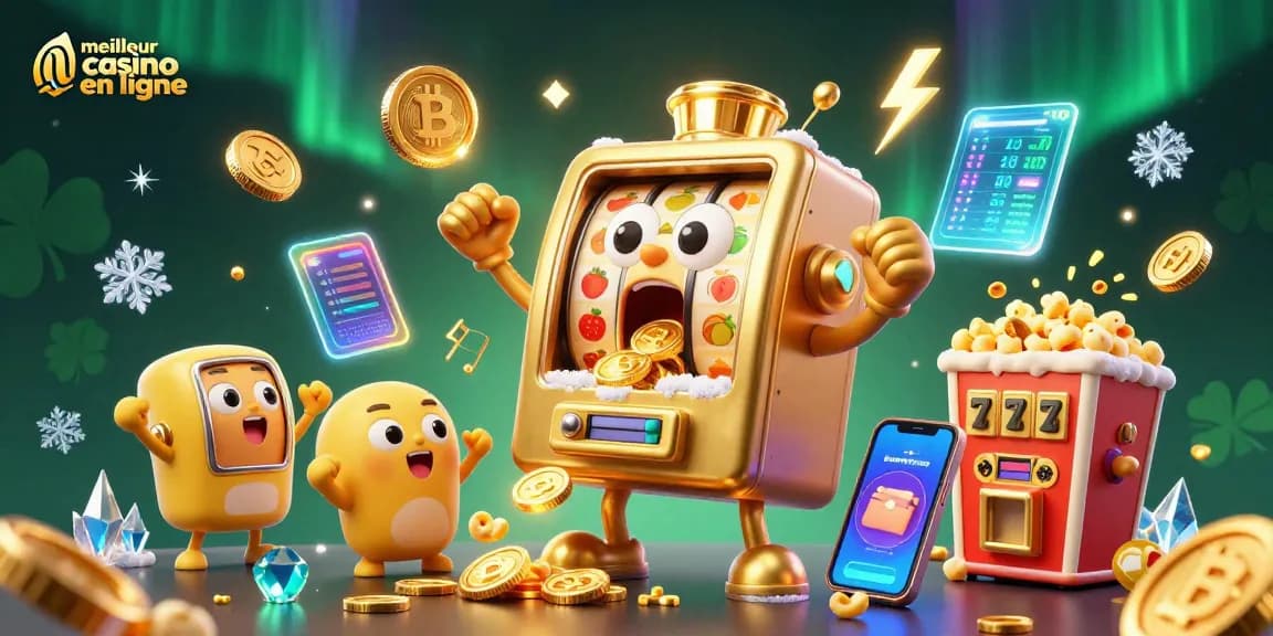 Visualiser le meilleur casino en ligne avec une machine à sous en or gagnant un jackpot, entourée de symboles.