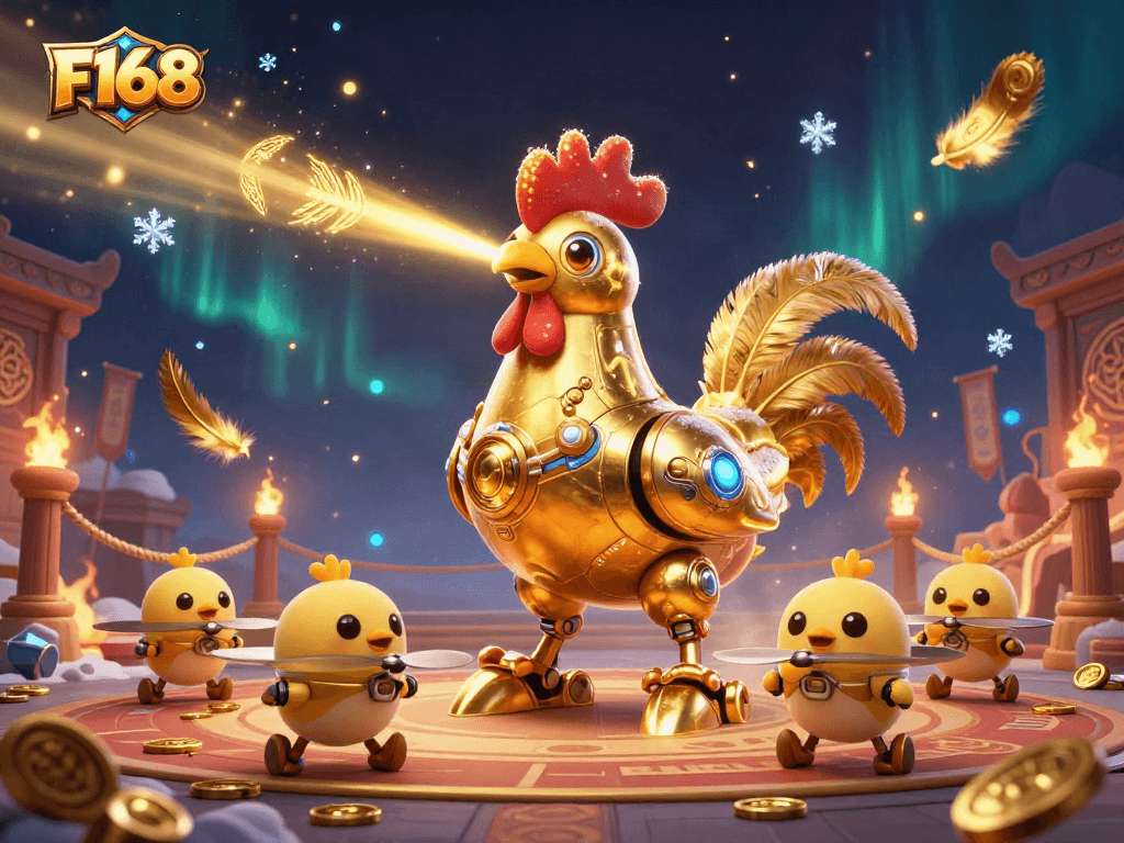Engage with F168's dazzling casino experience featuring golden rooster and chick drones.