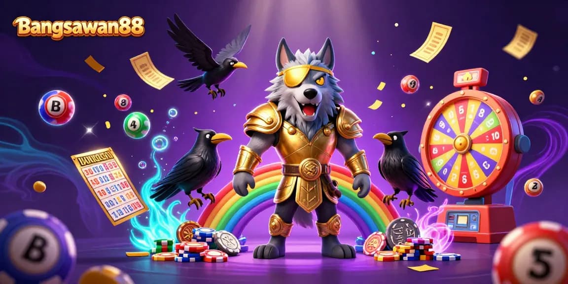 Bangsawan88 transforms gambling with a dynamic 3D fantasy scene featuring Odin and ravens amid vibrant lottery elements.