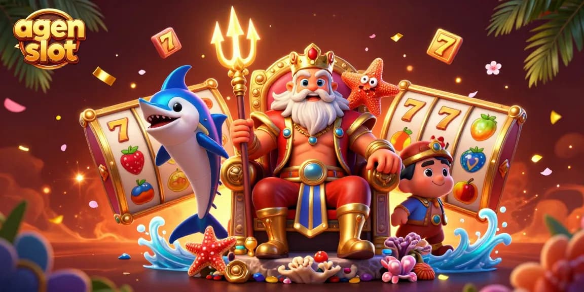 Agen slot menampilkan putaran slot gacor dengan simbol keberuntungan dan jackpot besar di tengah suasana cerah.