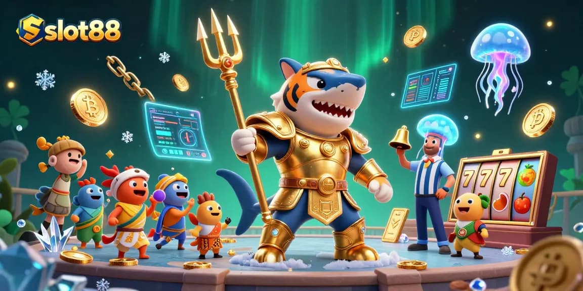 Experience the excitement of slot88 with a fierce tiger shark championing underwater casino thrills.