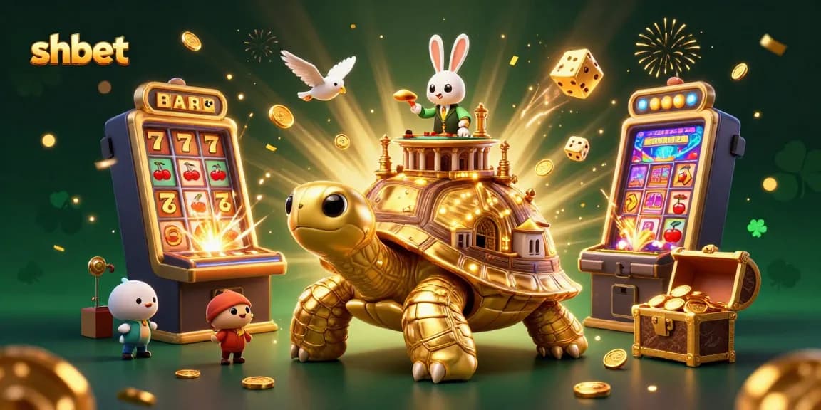 Engage in thrilling gaming at shbet, featuring vibrant 3D illustration with jackpot machines and cheerful elements.