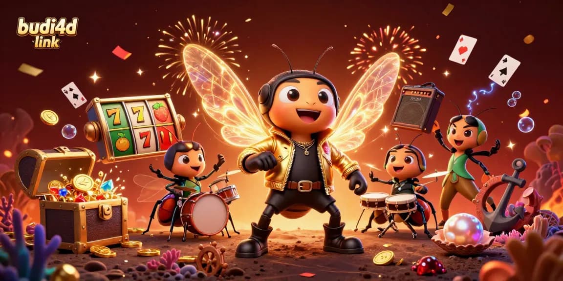 Budi4d link celebrates big wins in a vibrant, energetic scene with a rock star and slot elements.
