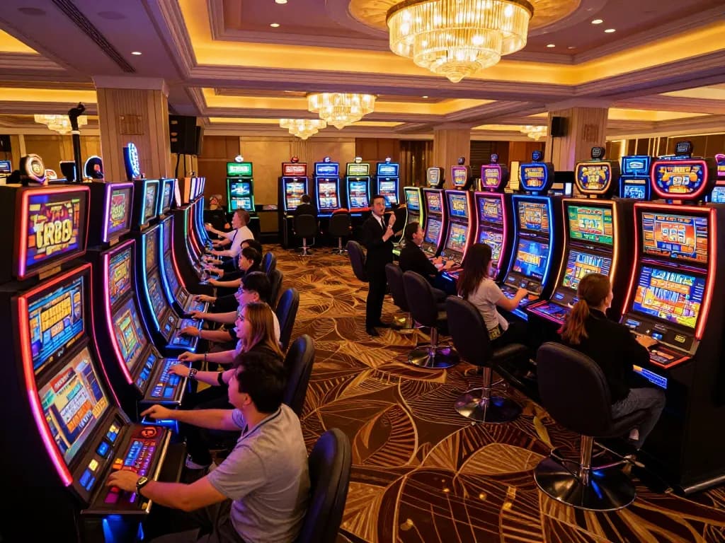 Players celebrating a jackpot win at a TR88it casino slot machine, vibrant atmosphere, thrilling excitement and colorful lights.