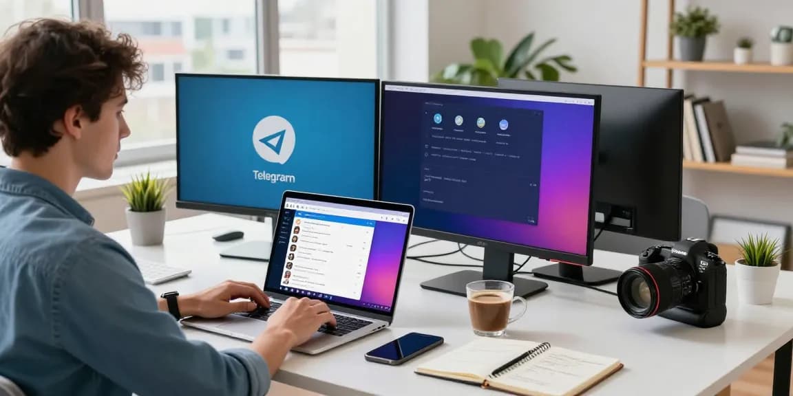 Using Telegram Web Version on a laptop in a modern workspace, emphasizing digital communication.