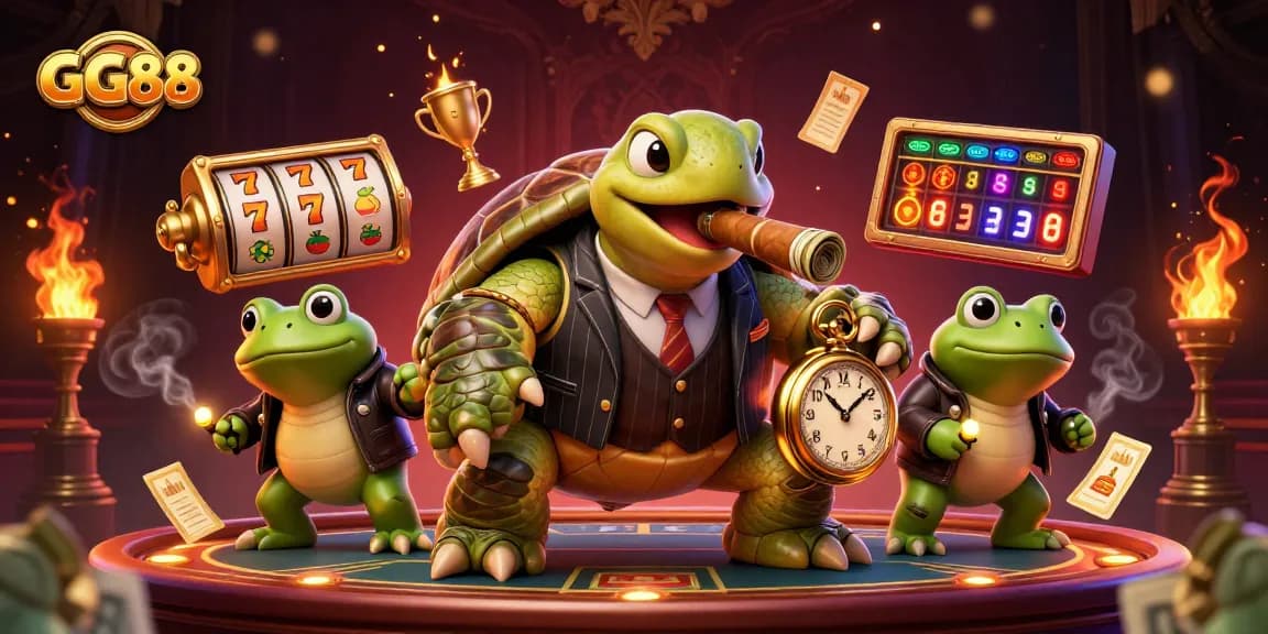Experience the excitement of GG88 with a lively 3D illustration featuring a turtle mobster and gaming elements.