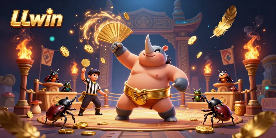LLwin’s animated beetle champion stomping to win gold coins, surrounded by casino elements in a vibrant arena.