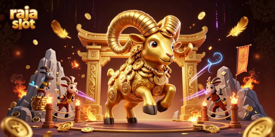 Raja slot menampilkan domba emas dengan tumpukan koin dan efek jackpot yang dramatis.