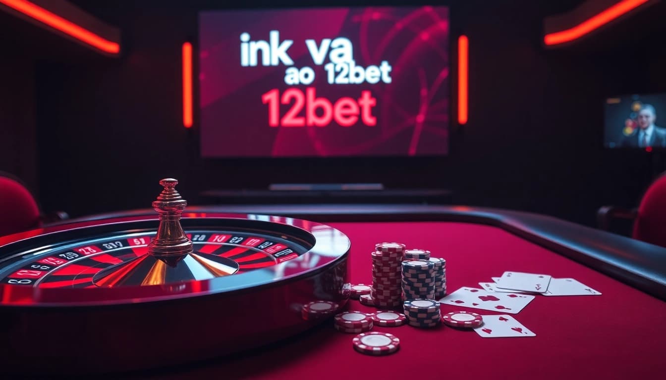 Engage with ink vao 12bet through a luxurious online casino environment, featuring roulette and poker elements.