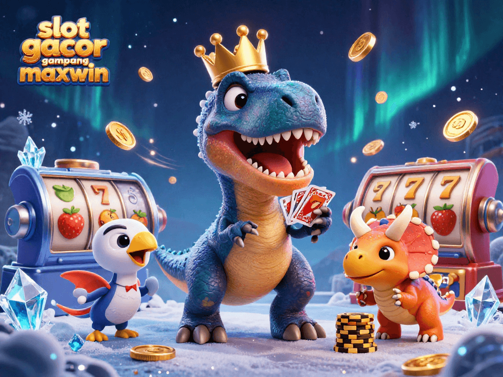 Experience the excitement of slot gacor gampang maxwin with a dynamic scene of a T-Rex and friends surrounded by spinning slot reels and golden coins.