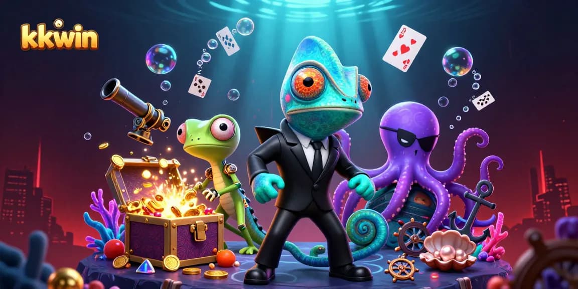 kkwin showcases a vibrant underwater adventure with colorful characters and casino elements bursting with excitement.