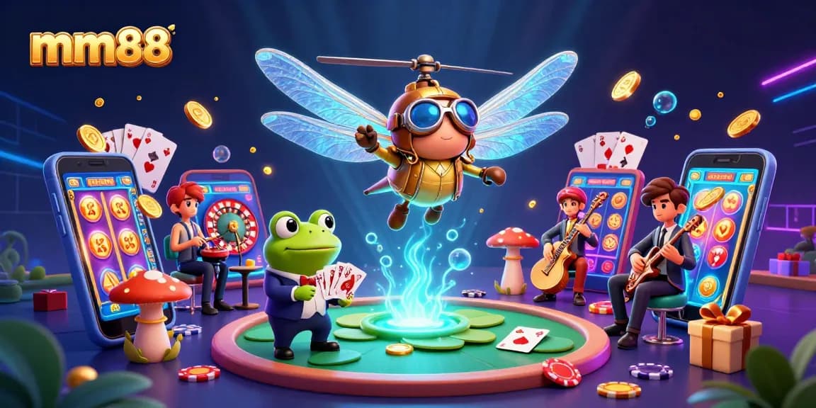 Experience high-stakes excitement with mm88 at a vibrant lily pad casino with dynamic characters and lively elements.