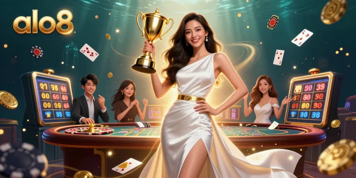 Win big at alo8 as a confident player embraces victory with a trophy amid dazzling casino elements.