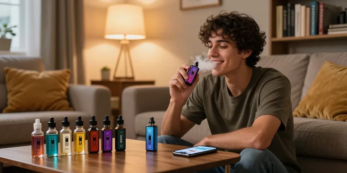 Hayati promax vape enthusiast trying different e-liquid flavors in a cozy living room setting.