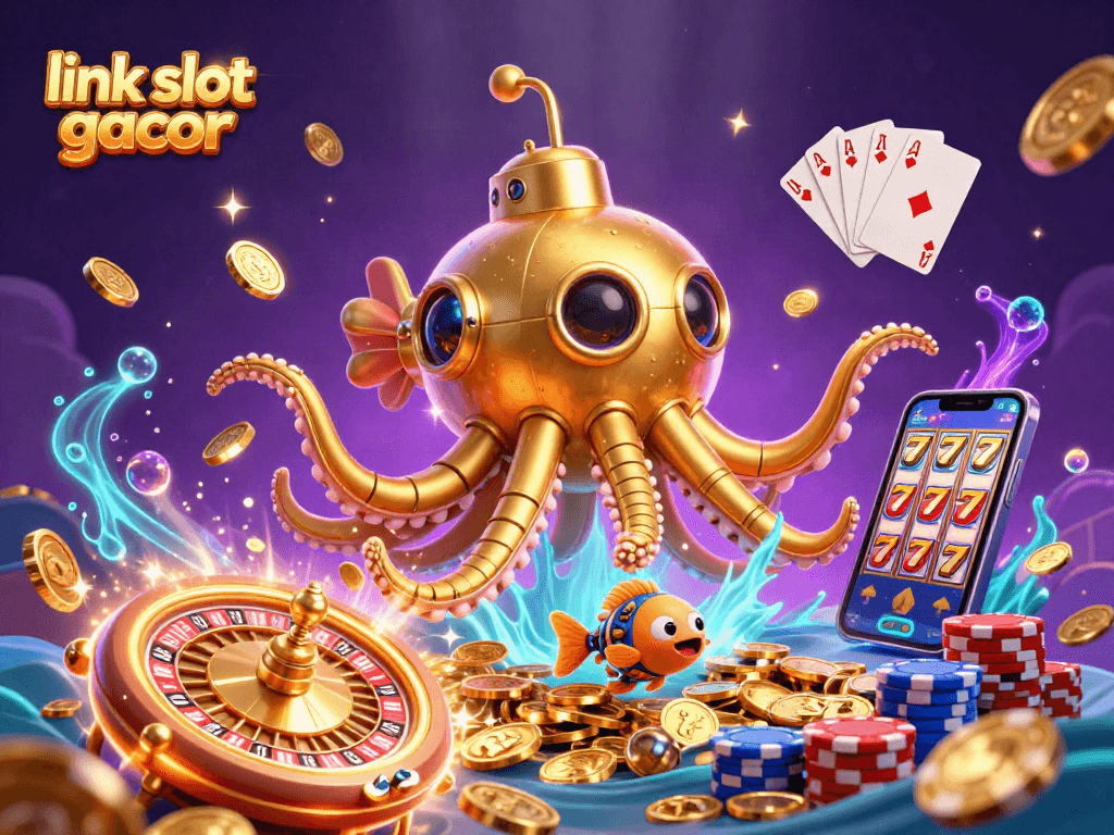 Experience thrilling gameplay with link slot gacor showcasing a kraken submarine amidst dazzling casino elements.
