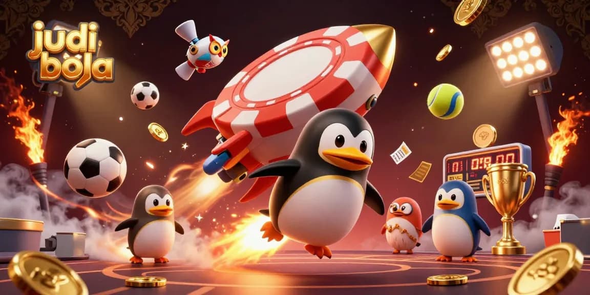 Experience judi bola thrills with a golden penguin soaring to a casino space station filled with sports excitement.