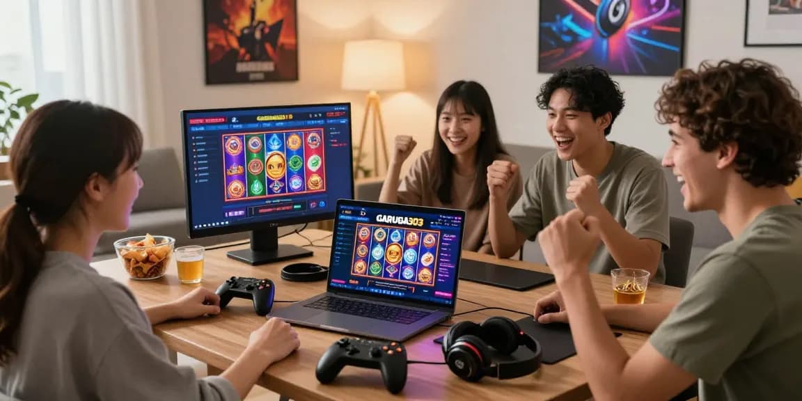 Exciting GARUDA303 online gaming scene with friends celebrating a jackpot win at home in 2026.