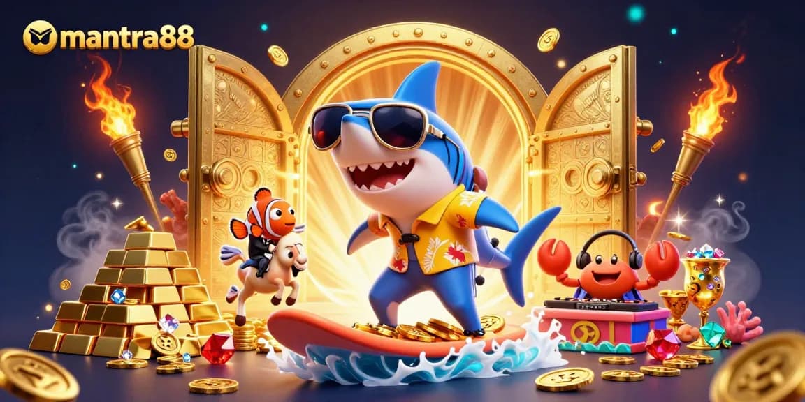 Experience the thrilling gameplay of mantra88 as the shark surfs coins and treasures in this vibrant 3D illustration.