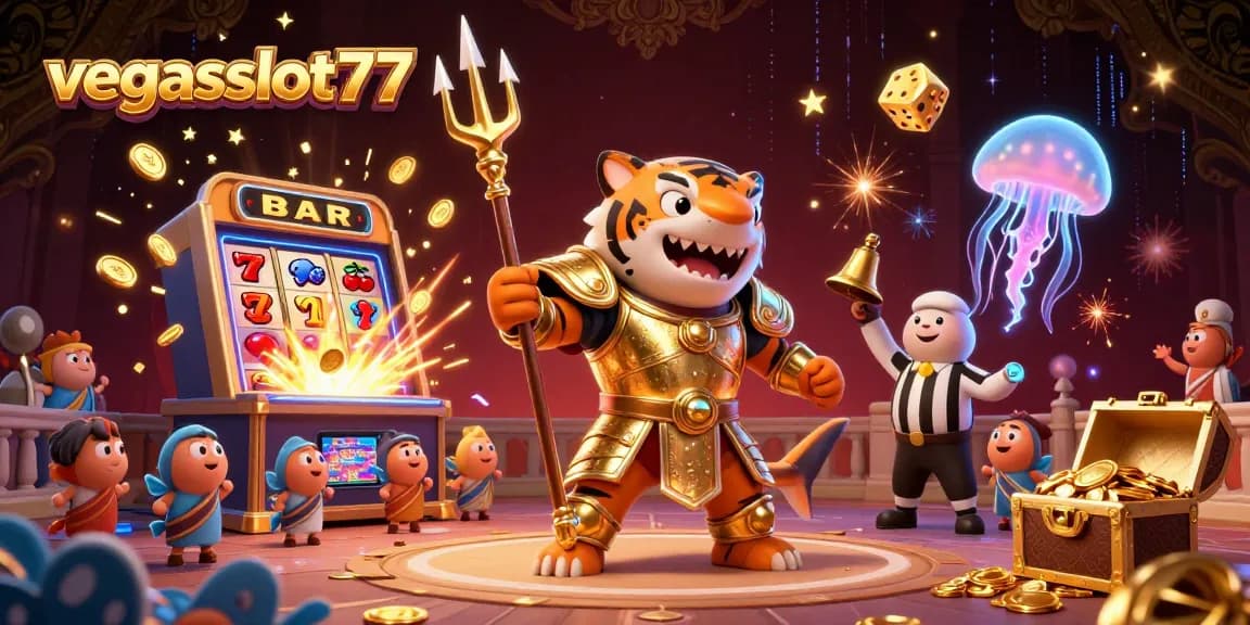 Experience thrilling gameplay with vegasslot77 as the tiger shark champions the jackpot in a vibrant casino scene.