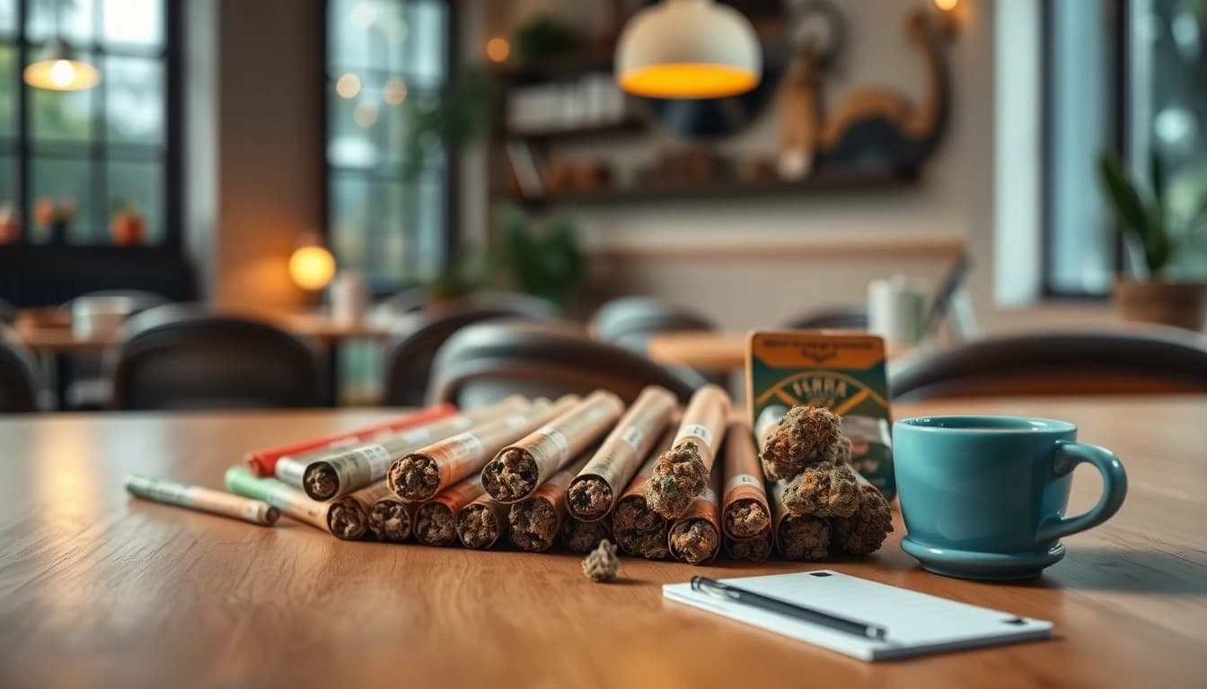 Purchase pre rolled joints online with beautifully arranged strains against a wooden setting.