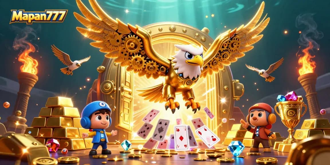 Experience thrilling action with Mapan777 as a golden eagle dives through holographic cards amidst treasures.
