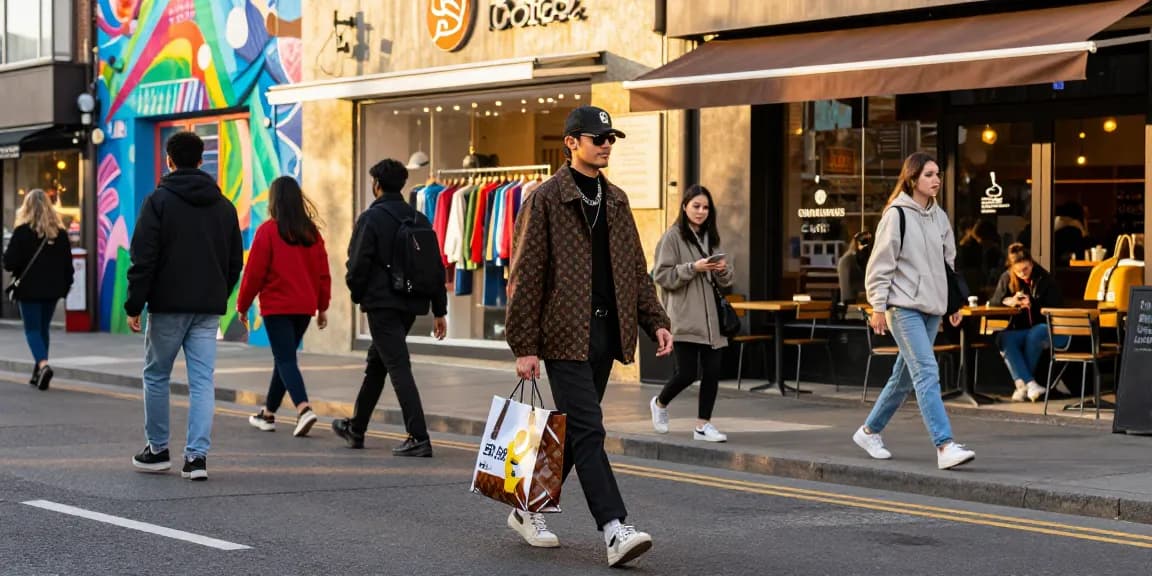 Fashionably dressed individual showcasing stylish 레플리카 clothing in urban setting with vibrant storefronts.