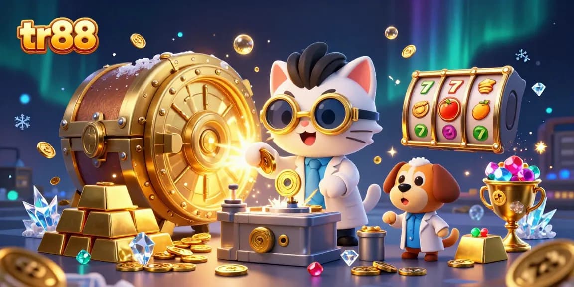 Engage in thrilling gameplay with tr88 as a casino mad scientist cat creates a gold bounty in an electrifying scene.