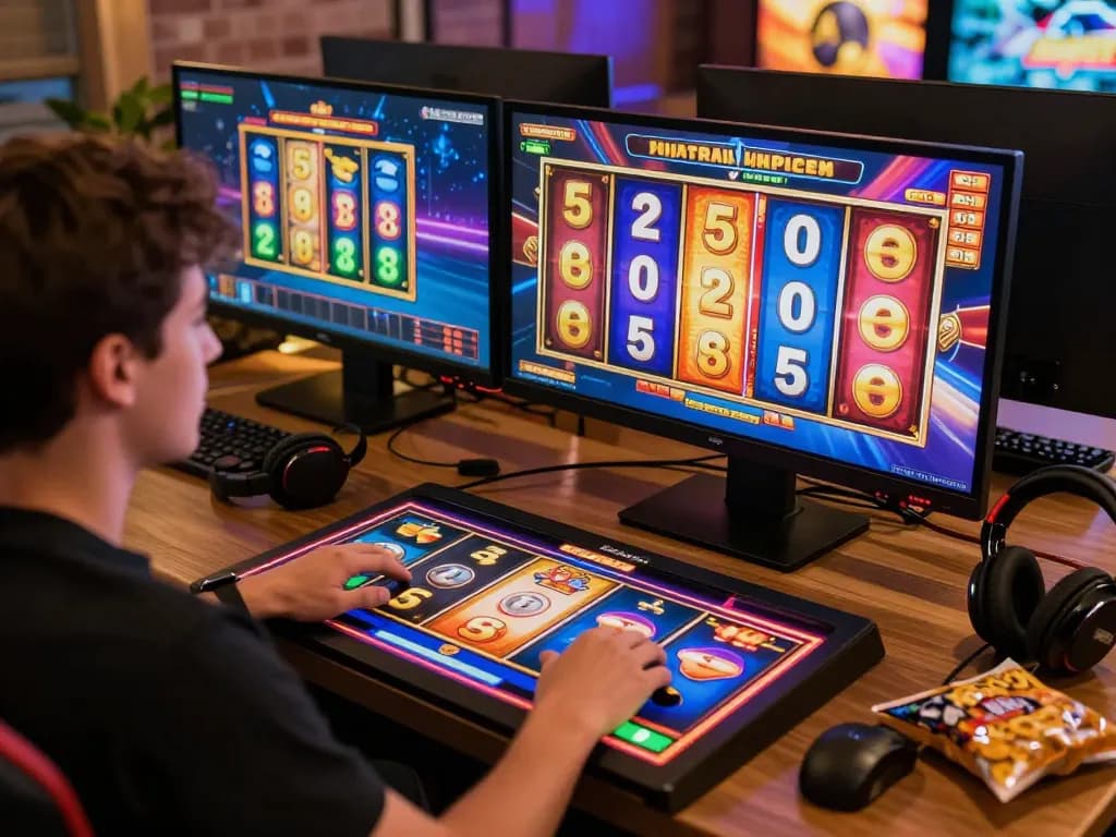 Engaging slot gameplay on a sleek desktop setup showcasing vibrant reels