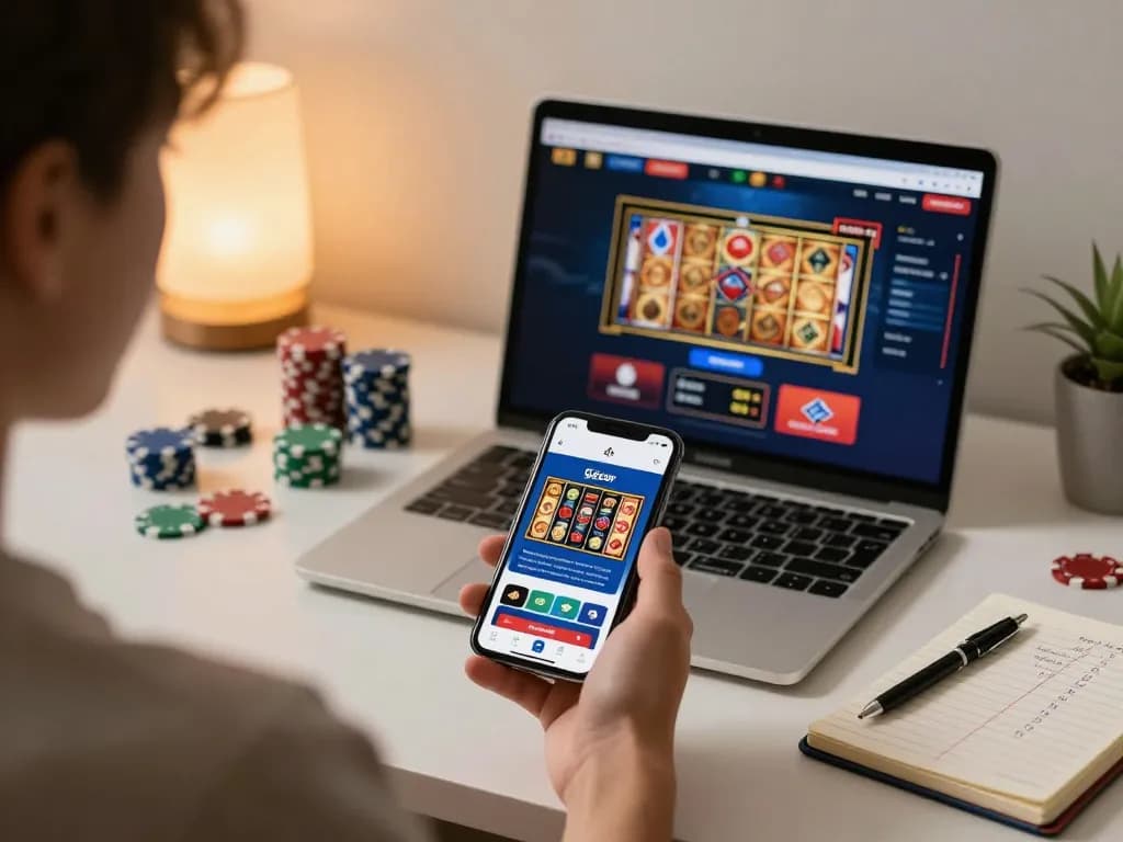 Engaging user interacting with link slot gacor on mobile app in a cozy gaming setup.