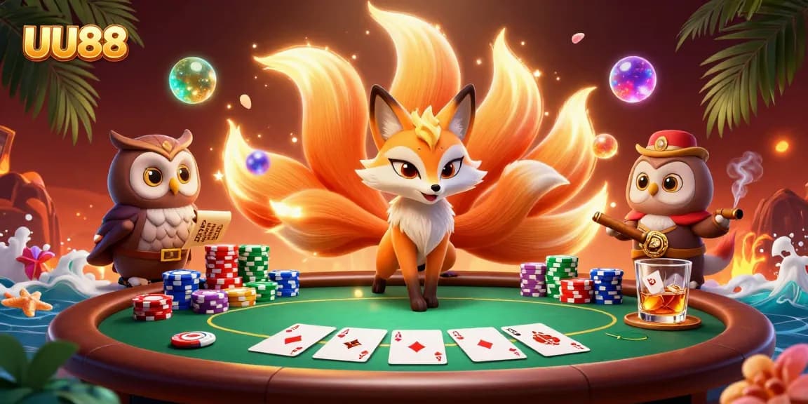 Experience exciting gambling action with UU88's colorful characters and poker scene in a vibrant illustration.