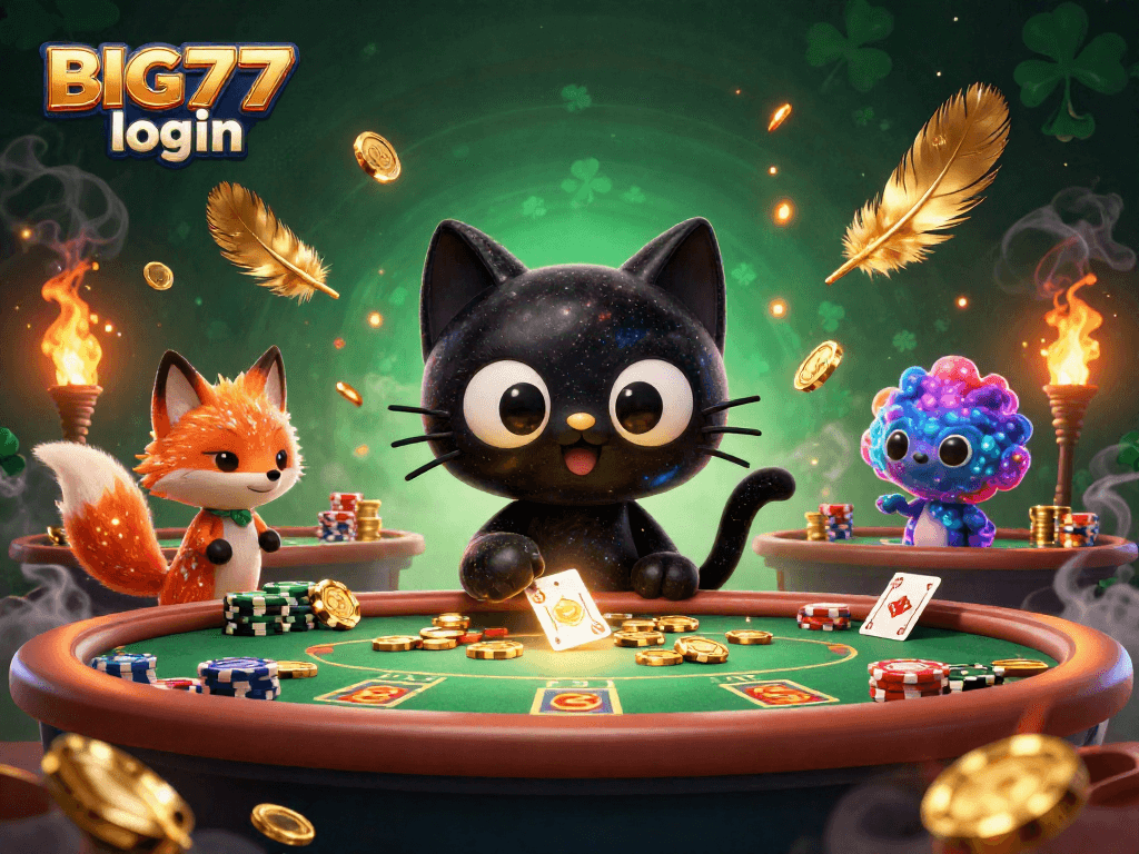 Engage with BIG777 login at a cosmic casino featuring a black hole cat and nebula fox surrounded by poker elements.