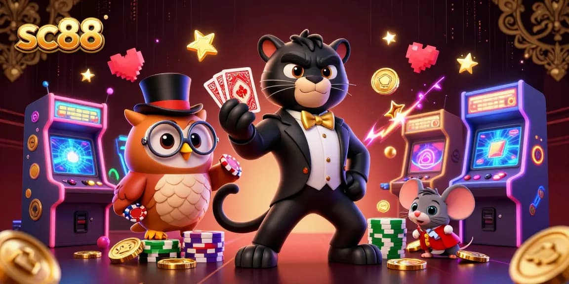 Engage with sc88 as a stylish panther deals cards alongside an owl and a lucky mouse in a vibrant casino scene.