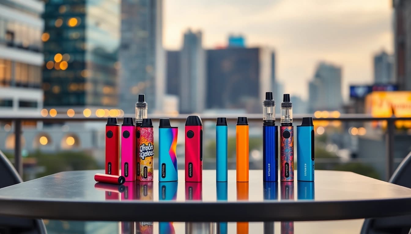 Explore colorful disposable vapes showcasing unique designs on a modern table.