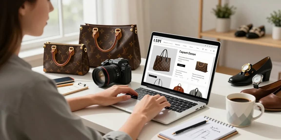 Engaging E-commerce shopping environment at a 레플리카 쇼핑몰, featuring stylish individual browsing luxury replica products.