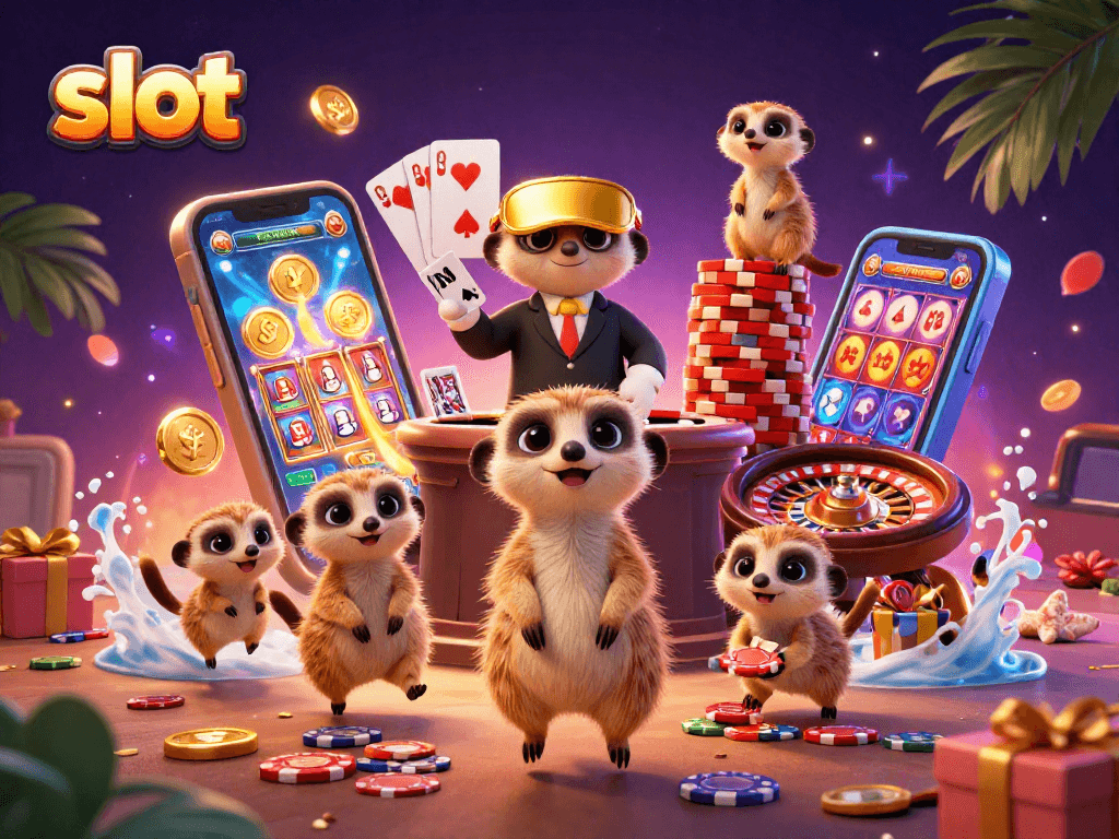 Enjoy thrilling slot gameplay with meerkats at a colorful casino scene bursting with excitement.