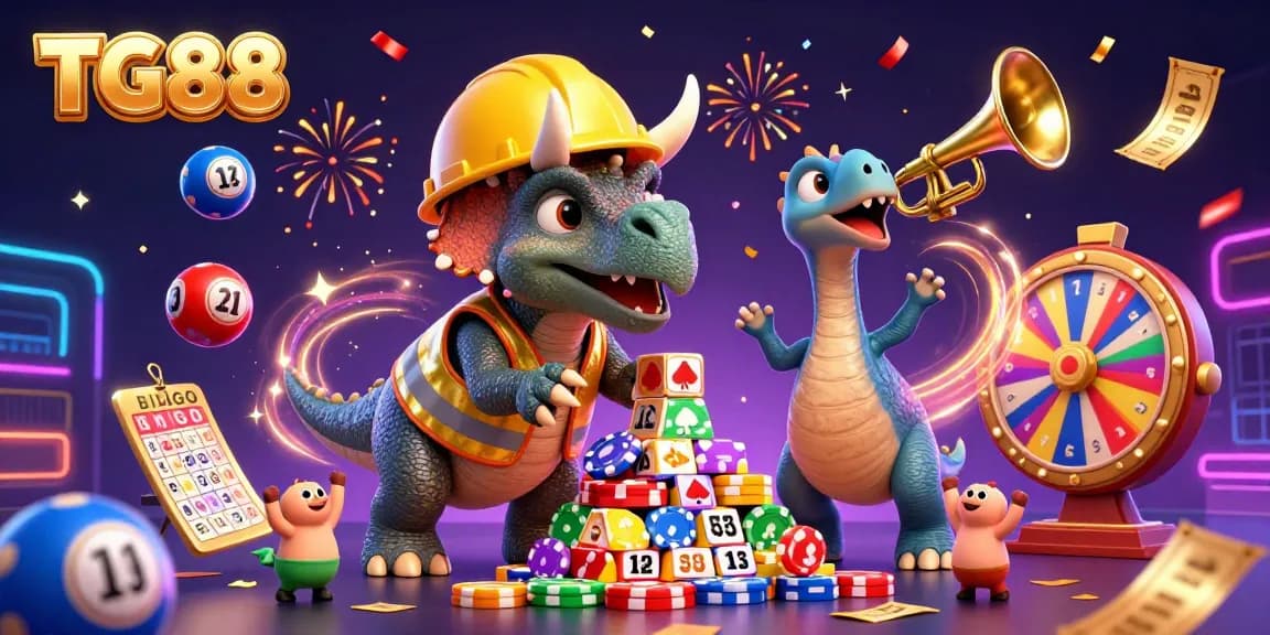 Celebrate winning at TG88 with vibrant casino scenes, cheering characters, and exciting game elements.