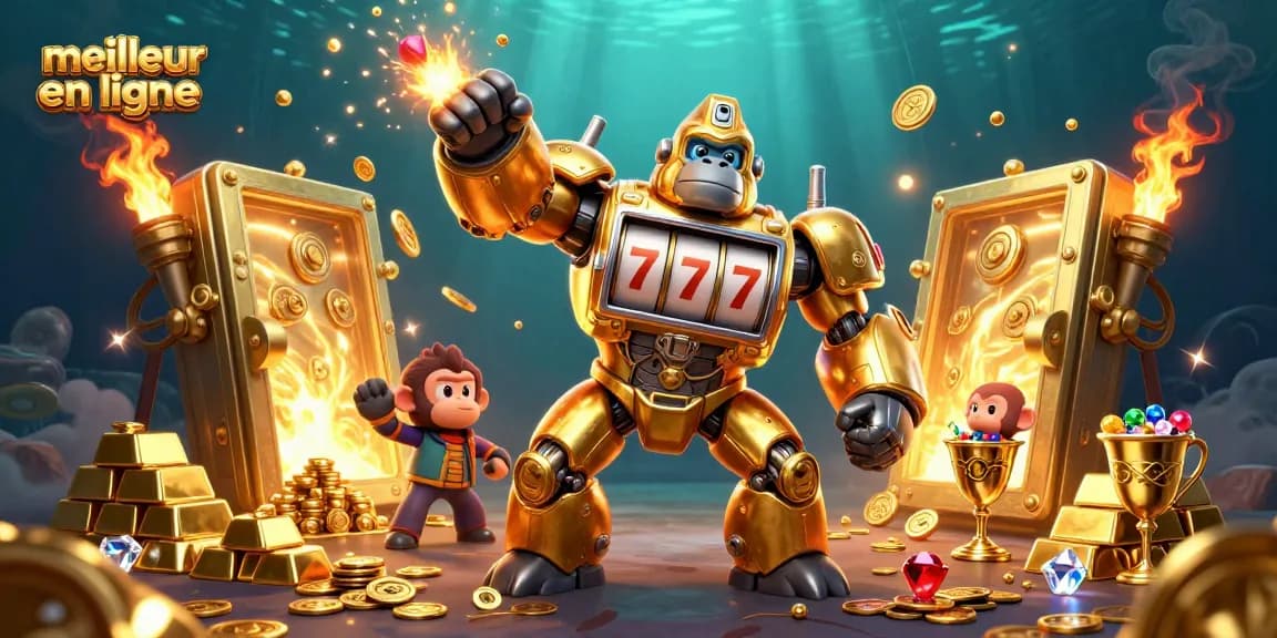 Découvrez le meilleur casino en ligne avec une illustration d'un gorille mécanique doré et des éléments de machines à sous.