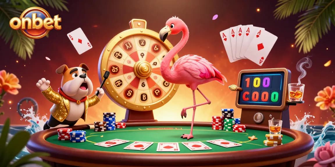 Engage with onbet's thrilling rewards as a flamingo host spins the prize wheel in a lively casino scene.