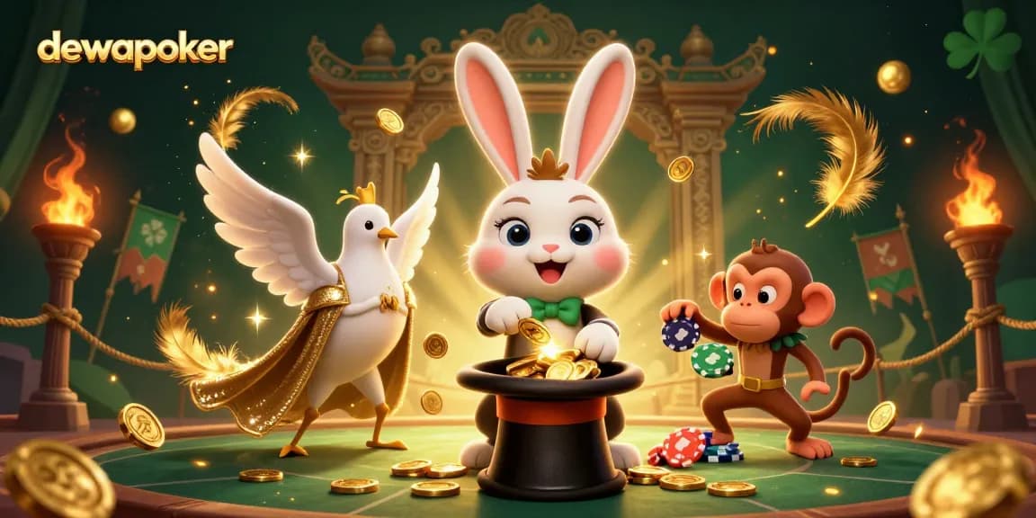 Dewapoker showcases a magical poker scene with a rabbit, dove, and monkey amid coins and cheers.