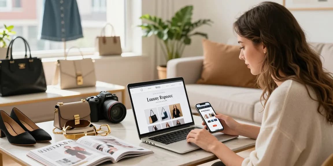Shopping online at a 레플리카 사이트 for luxury fashion in a stylish home.