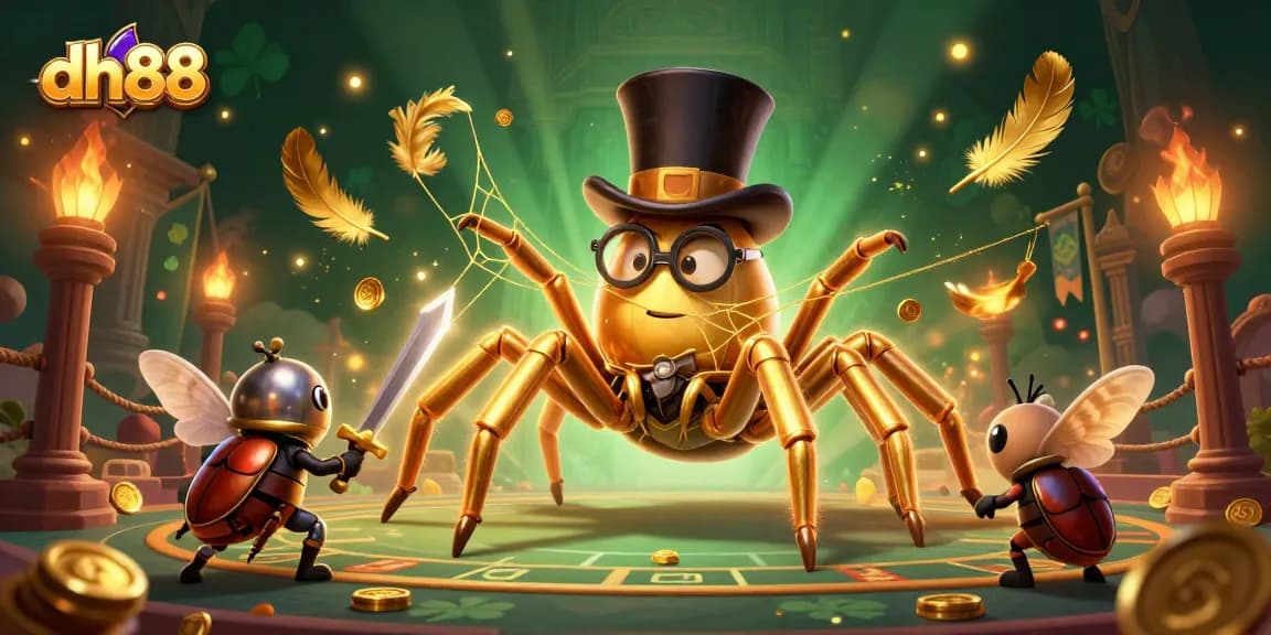 Engage with dh88 as a giant golden tarantula weaves its web in a vibrant casino scene.