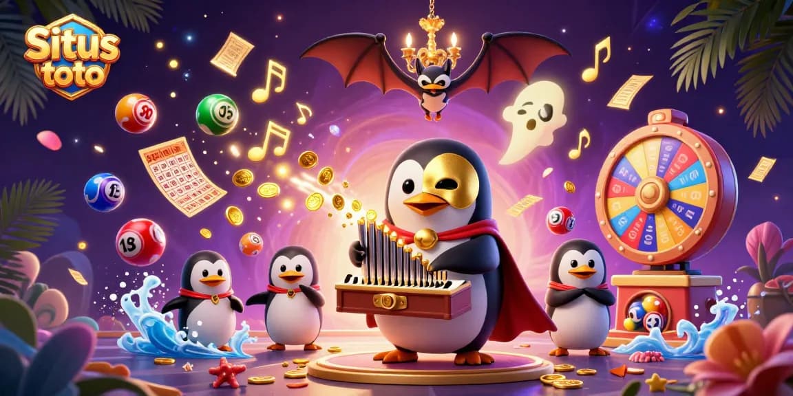 Situs toto captures the excitement of winning with a cartoon penguin, vibrant lottery elements, and golden prizes.