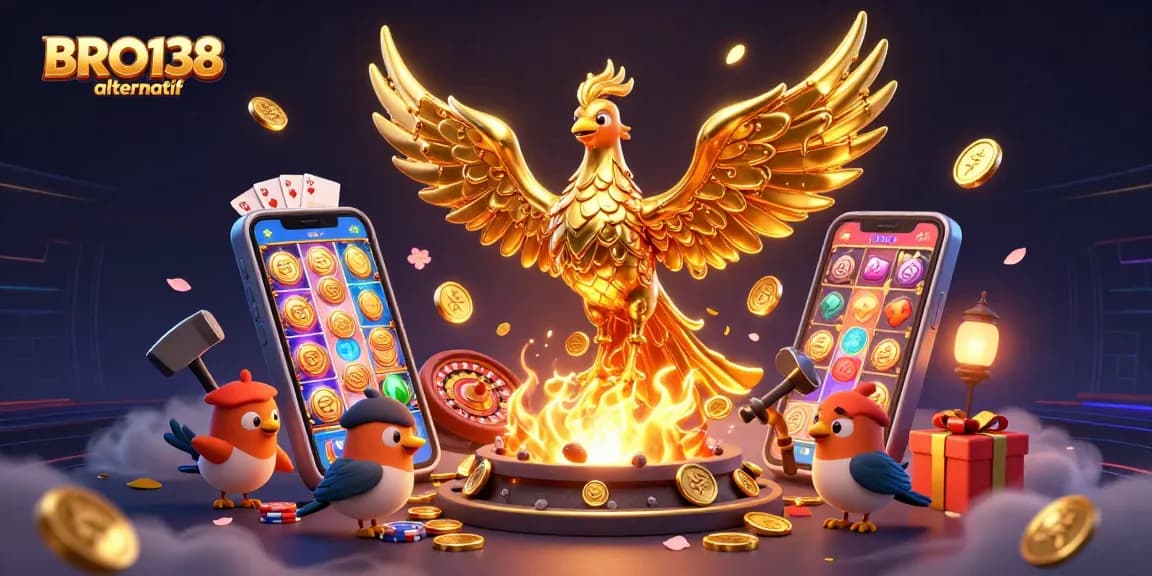 Experience winning with BRO138 alternatif, featuring a molten gold phoenix amidst casino elements.
