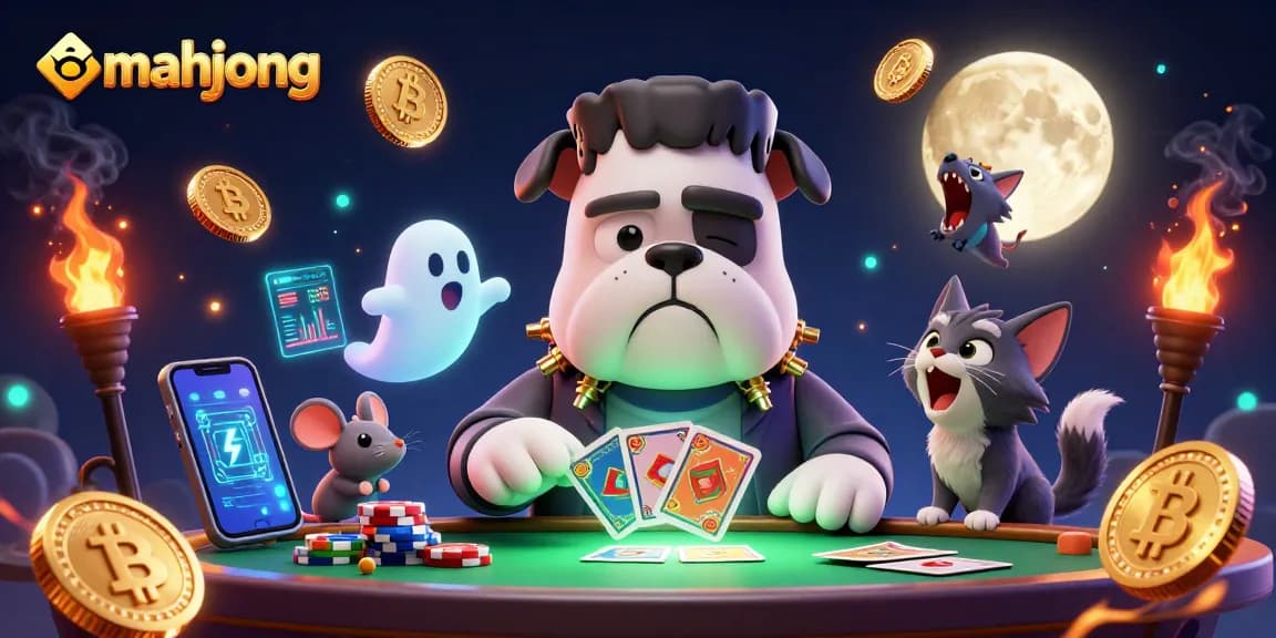 Play mahjong with a Frankenstein bulldog at a lively casino scene filled with vibrant elements.